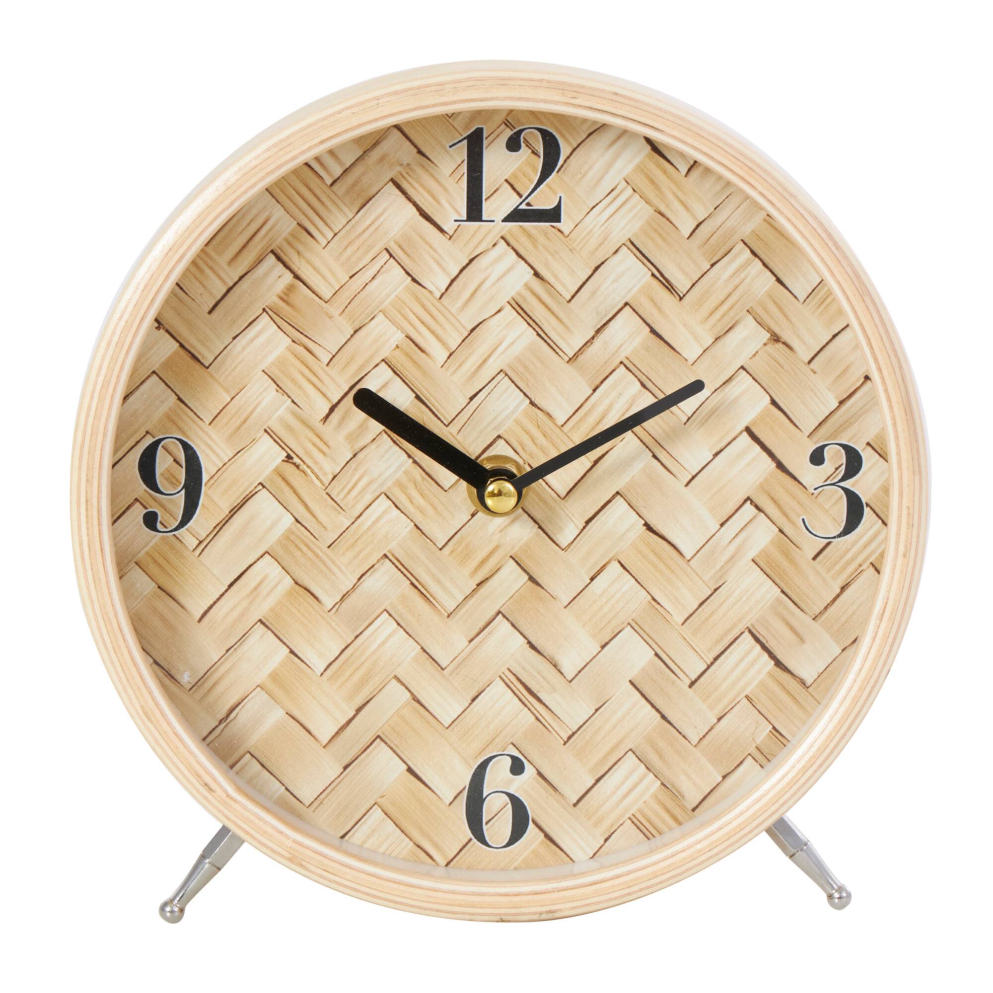 7" Light Brown Wood Woven Chevron Patterned Clock with Silver Legs